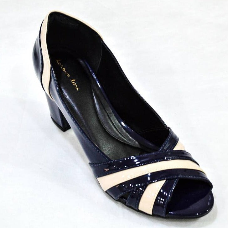 Peep Toe Azul e Creme Salto Bloco